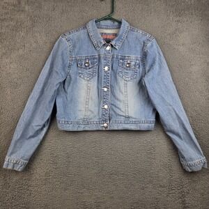 d.jeans Blue Jean Jacket Women's Extra Large Cropped Denim Trucker Back Graphic